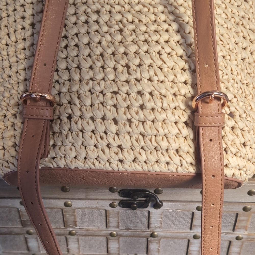 Top Handle Woven Backpack In Camel & Cashew With Rose Gold Details By LC - Picture 10 of 15